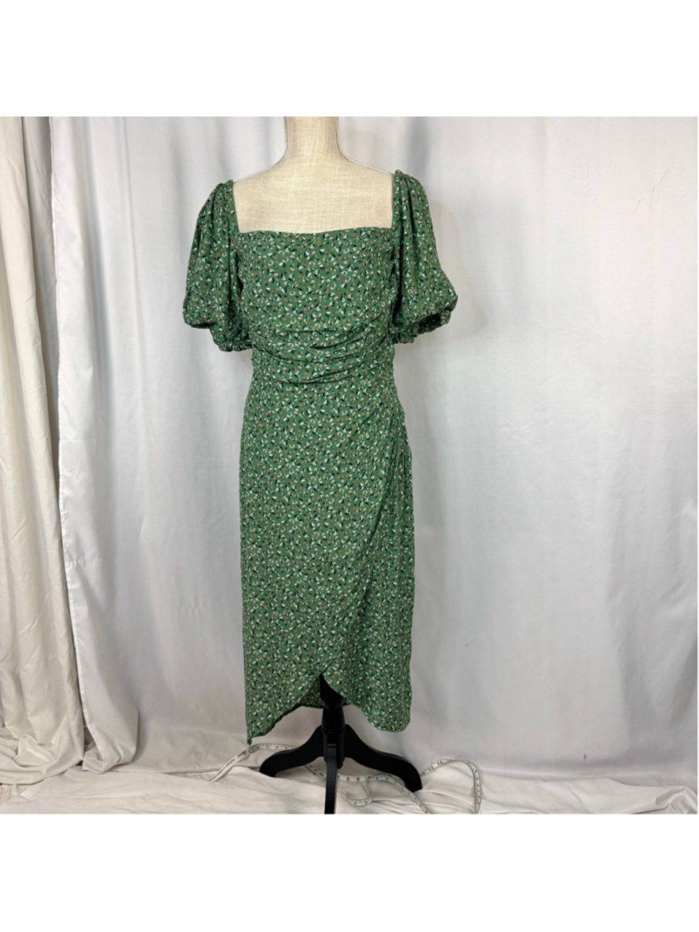 The Astr The Label Square Neck Bubble Sleeve Midi Dress Women's Medium Green